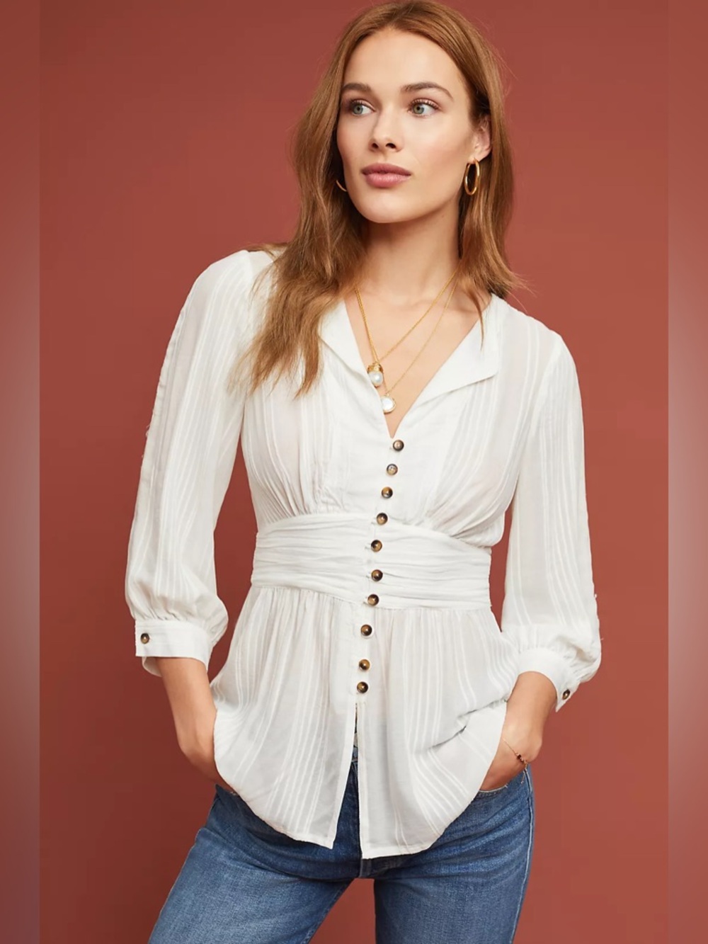 Anthropologie Maeve Isolode Waisted Blouse Sheer Rayon Long Sleeve Boho White